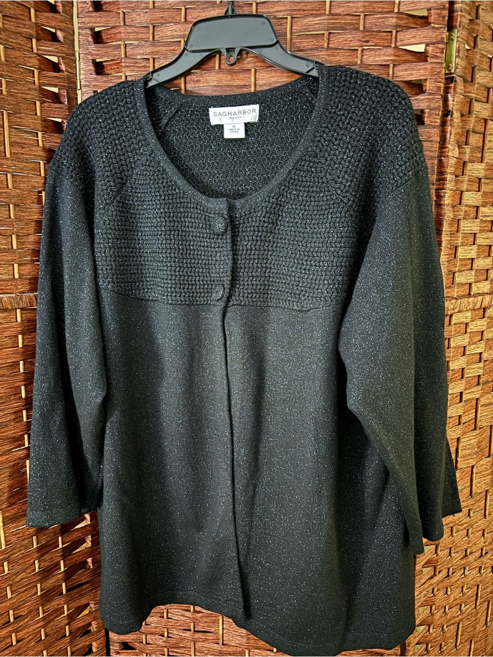 Sag Harbor Black Knit Yoke Metallic Sparkle Cardigan